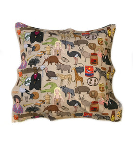 Iconic SA cushion cover 60x60. south african fabric. alex latimer. evita. lucky star. black cat peanut butter. zambuk
