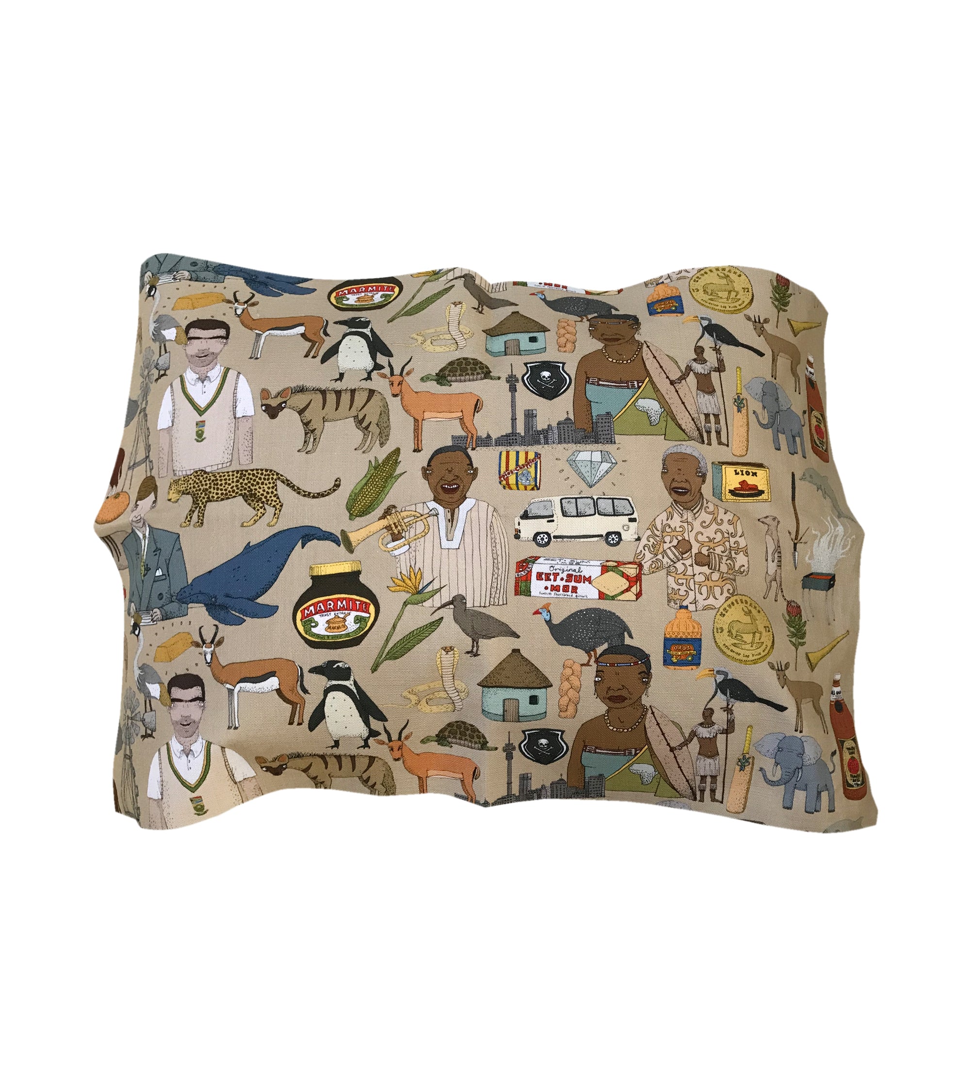 Iconic SA cushion cover 60x40. south african fabric. alex latimer. madiba. marmite. eet sum mor. 