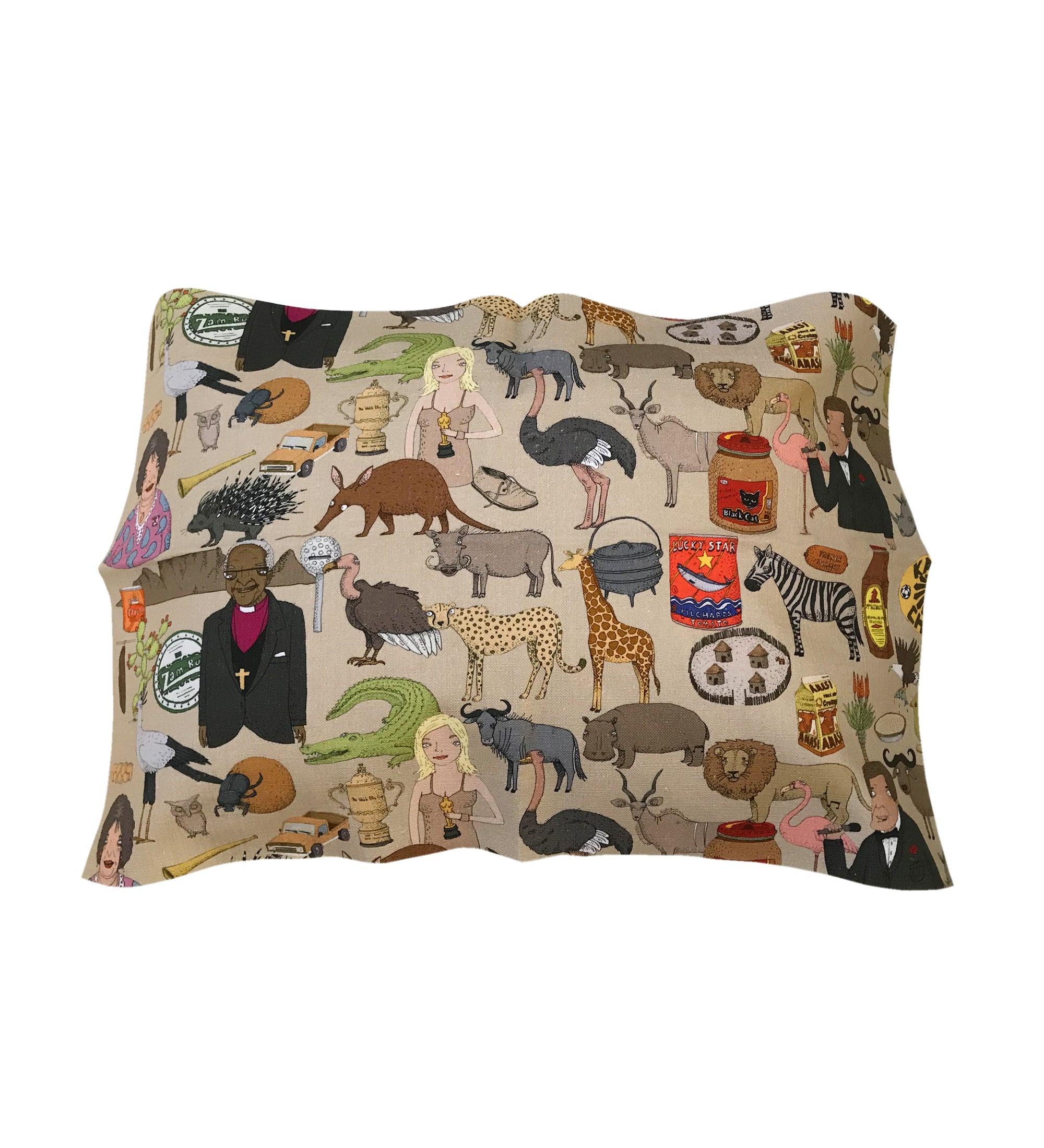 Iconic SA cushion cover 6x40. south african fabric. alex latimer. evita. lucky star. black cat peanut butter